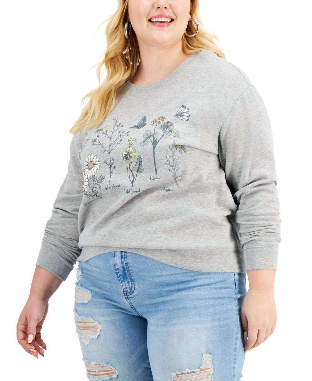 NEW LOVE TRIBE trendy plus size botanical floral-graphic sweatshirt in heather g